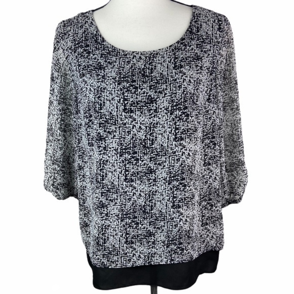 AB Studio Blouse Top Black Light Beige Print Three Quarter Sleeve Blouse